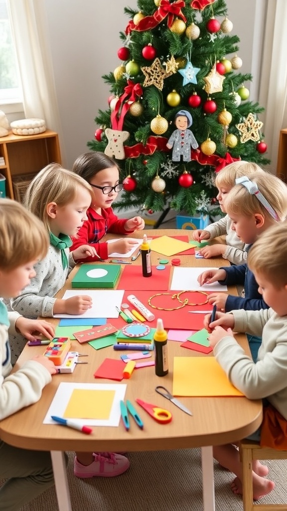 Preschoolers making Christmas crafts with paper and decorations, with a Christmas tree in the background.